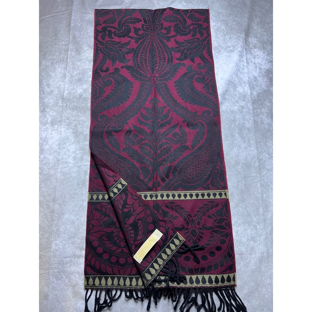 Anichini Scarf Unisex OS Burgundy Black Wool Damask Paisley Jacquard Italy
